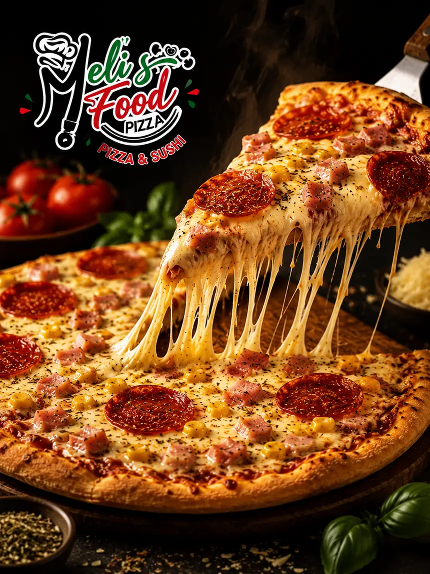 Pizza familiar de Meli's Food recién salida del horno